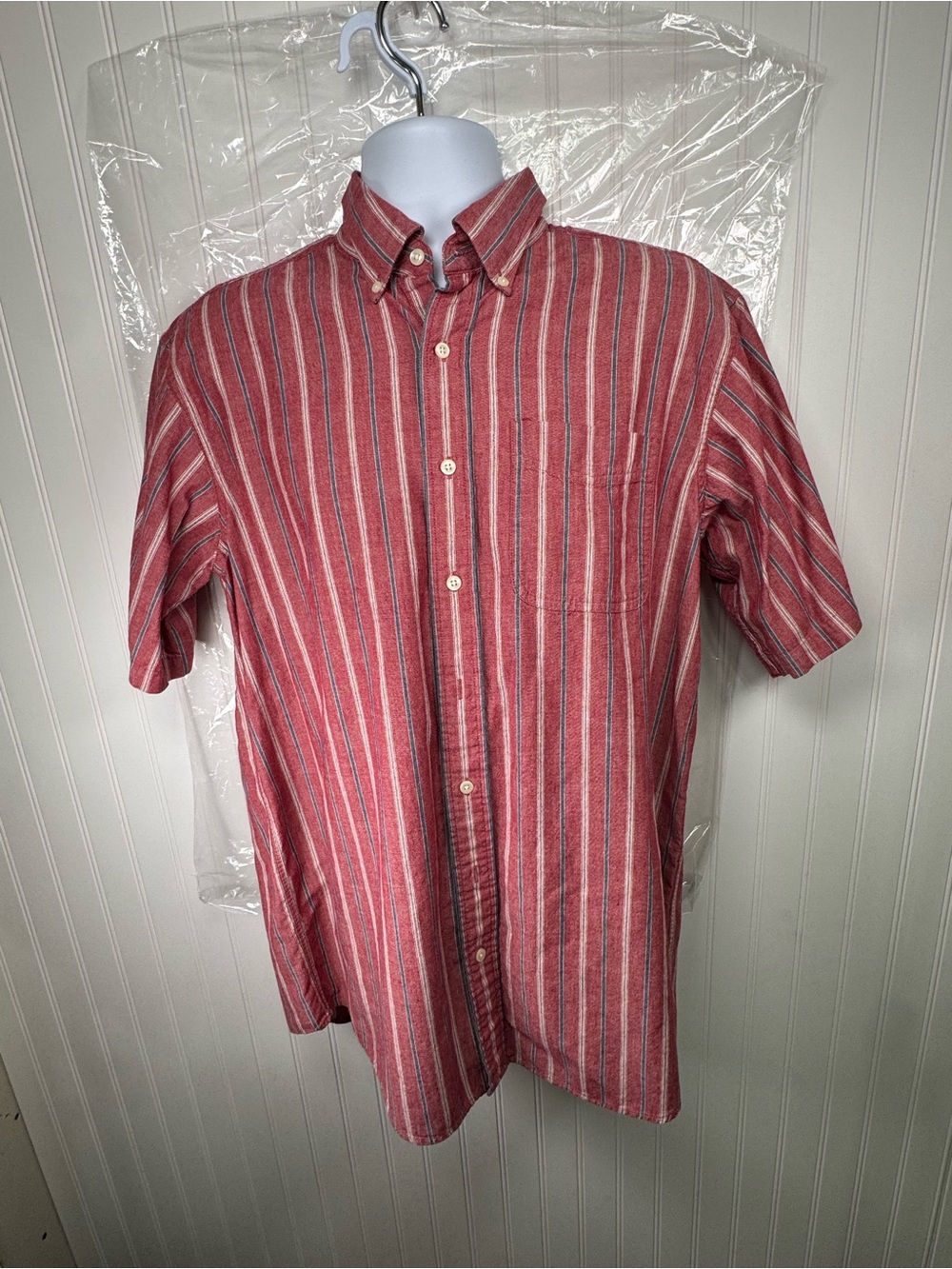 LL Bean Red Striped Short-Sleeve Button-Down Shirt